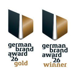 Logos for the 2026 German Brand Award featuring the “Gold” and “Winner” awards for Messe Düsseldorf.